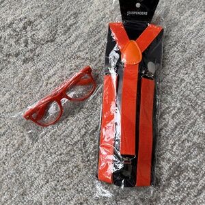 Blippi costume accessories:  suspenders, bow and glasses